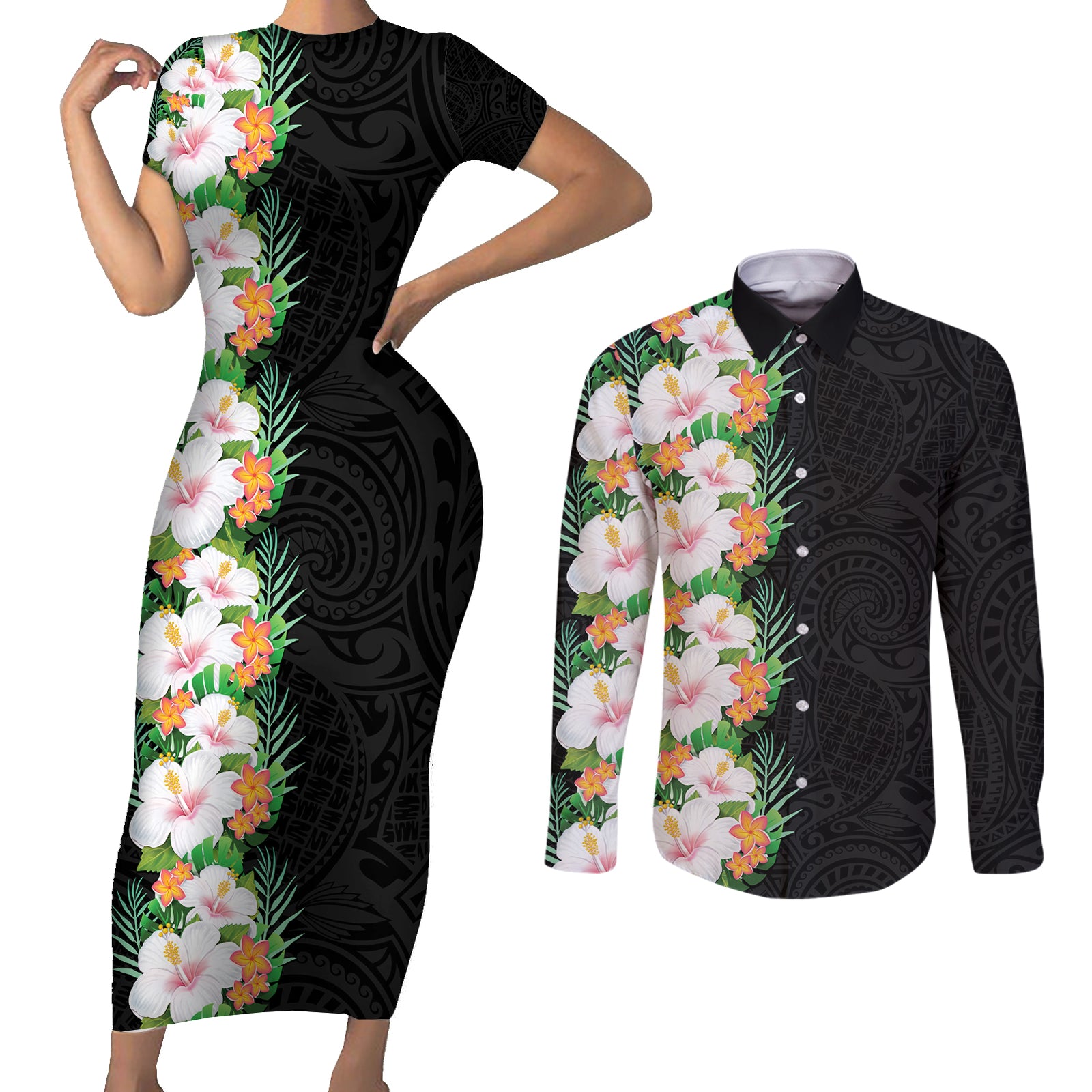 Hawaii Tropical Flowers Tribal Pattern Couples Matching Short Sleeve Bodycon Dress and Long Sleeve Button Shirt No3 LT9 Black - Polynesian Pride