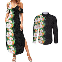 Hawaii Tropical Flowers Tribal Pattern Couples Matching Summer Maxi Dress and Long Sleeve Button Shirt No3 LT9 Black - Polynesian Pride