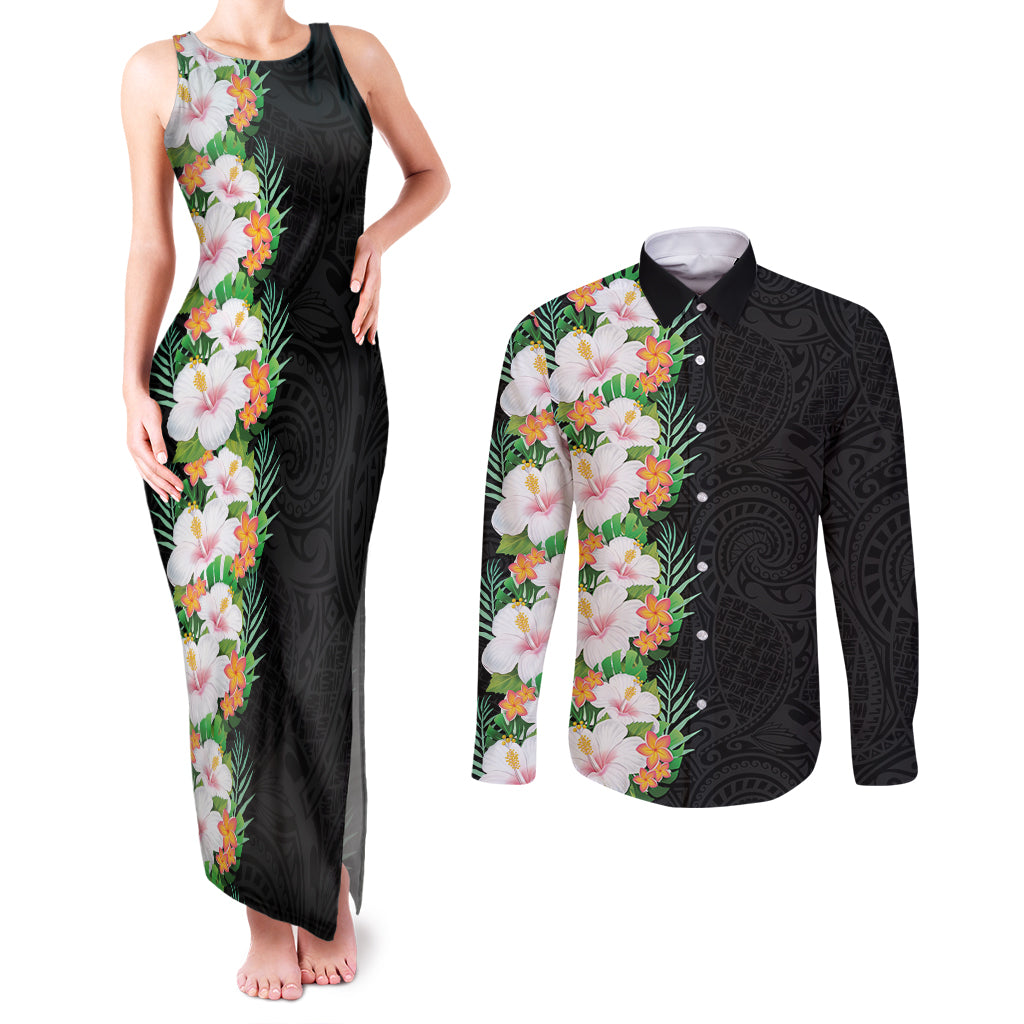 Hawaii Tropical Flowers Tribal Pattern Couples Matching Tank Maxi Dress and Long Sleeve Button Shirt No3 LT9 Black - Polynesian Pride