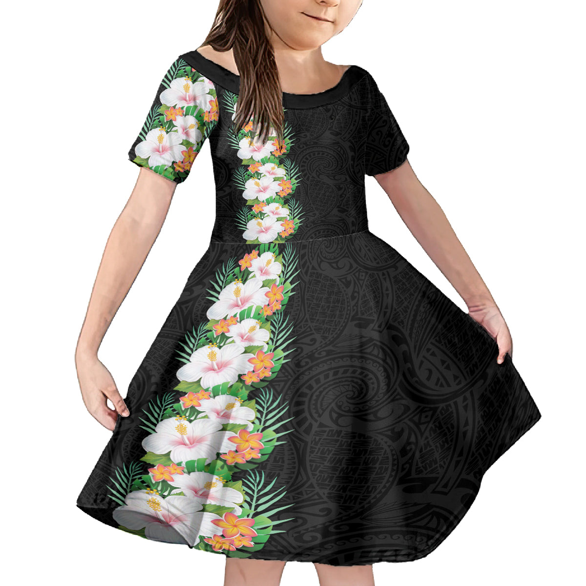 Hawaii Tropical Flowers Tribal Pattern Family Matching Off Shoulder Short Dress and Hawaiian Shirt No3 LT9 Daughter's Dress Black - Polynesian Pride