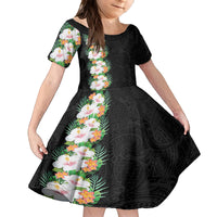 Hawaii Tropical Flowers Tribal Pattern Family Matching Off Shoulder Short Dress and Hawaiian Shirt No3 LT9 Daughter's Dress Black - Polynesian Pride