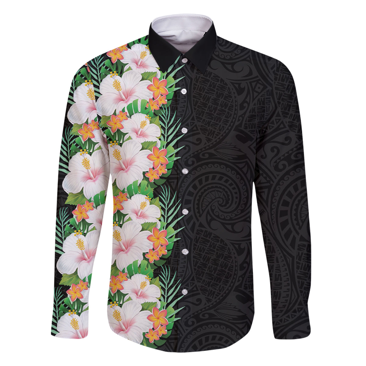 Hawaii Tropical Flowers Tribal Pattern Family Matching Off Shoulder Short Dress and Hawaiian Shirt No3 LT9 Dad's Shirt - Long Sleeve Black - Polynesian Pride
