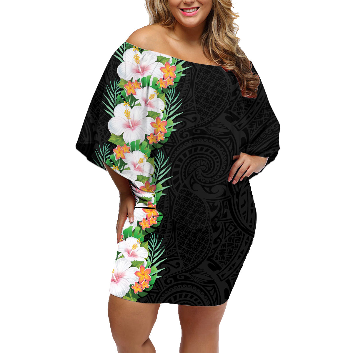 Hawaii Tropical Flowers Tribal Pattern Family Matching Off Shoulder Short Dress and Hawaiian Shirt No3 LT9 Mom's Dress Black - Polynesian Pride