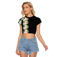 Hawaii Tropical Flowers Tribal Pattern Raglan Cropped T Shirt No3 LT9 Female Black - Polynesian Pride