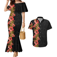 Hawaii Tropical Flowers Tribal Pattern Couples Matching Mermaid Dress and Hawaiian Shirt No4 LT9 Black - Polynesian Pride