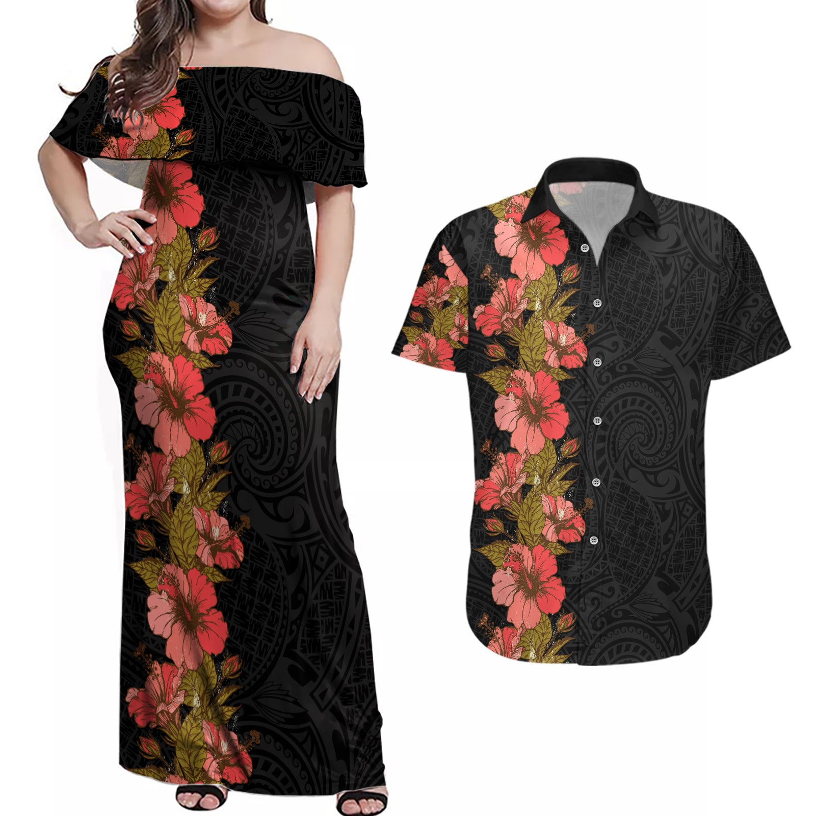 Hawaii Tropical Flowers Tribal Pattern Couples Matching Off Shoulder Maxi Dress and Hawaiian Shirt No4 LT9 Black - Polynesian Pride