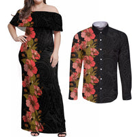 Hawaii Tropical Flowers Tribal Pattern Couples Matching Off Shoulder Maxi Dress and Long Sleeve Button Shirt No4 LT9 Black - Polynesian Pride