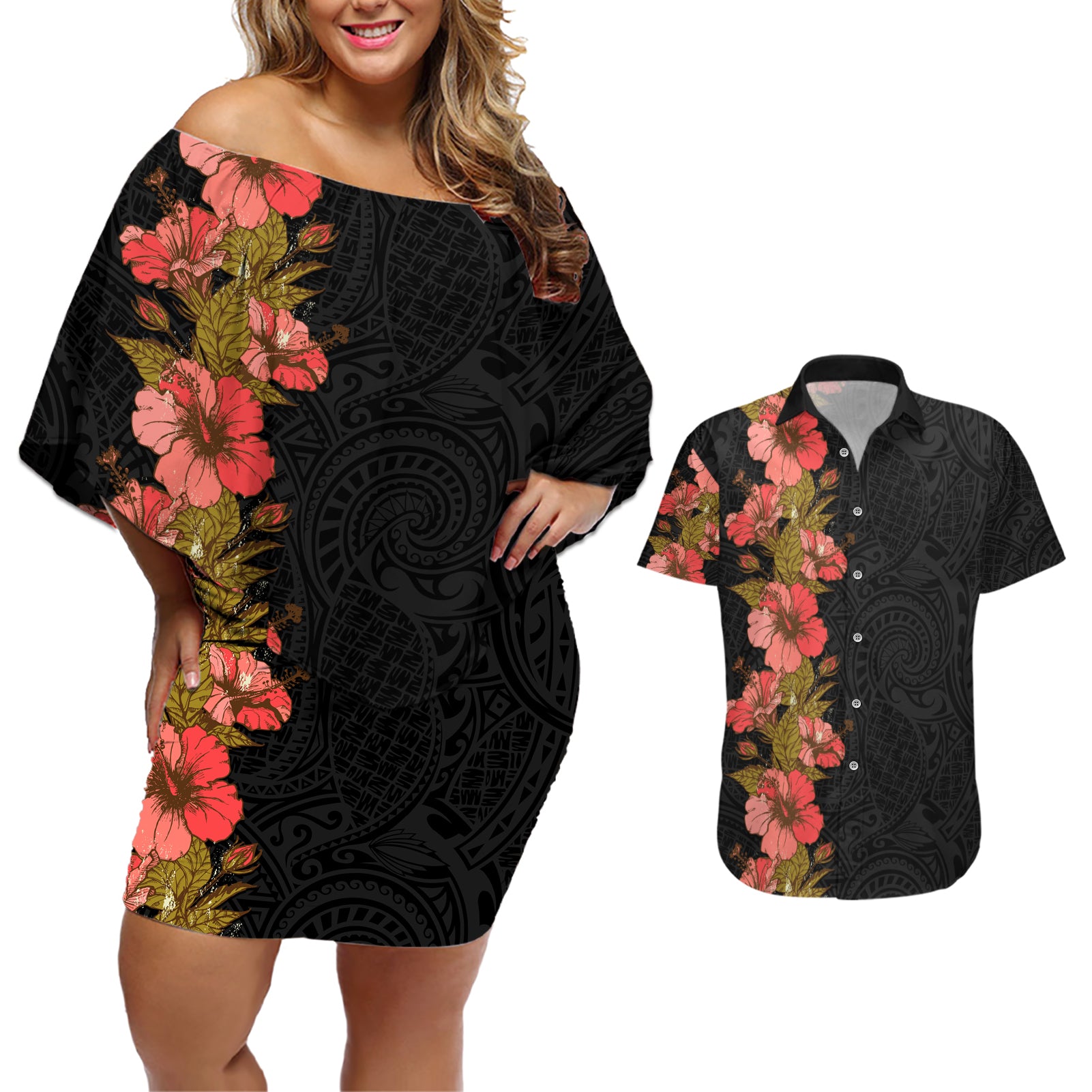 Hawaii Tropical Flowers Tribal Pattern Couples Matching Off Shoulder Short Dress and Hawaiian Shirt No4 LT9 Black - Polynesian Pride