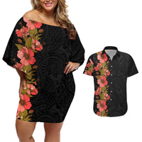 Hawaii Tropical Flowers Tribal Pattern Couples Matching Off Shoulder Short Dress and Hawaiian Shirt No4 LT9 Black - Polynesian Pride