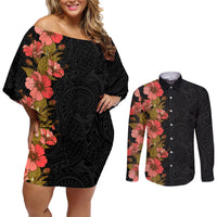 Hawaii Tropical Flowers Tribal Pattern Couples Matching Off Shoulder Short Dress and Long Sleeve Button Shirt No4 LT9 Black - Polynesian Pride