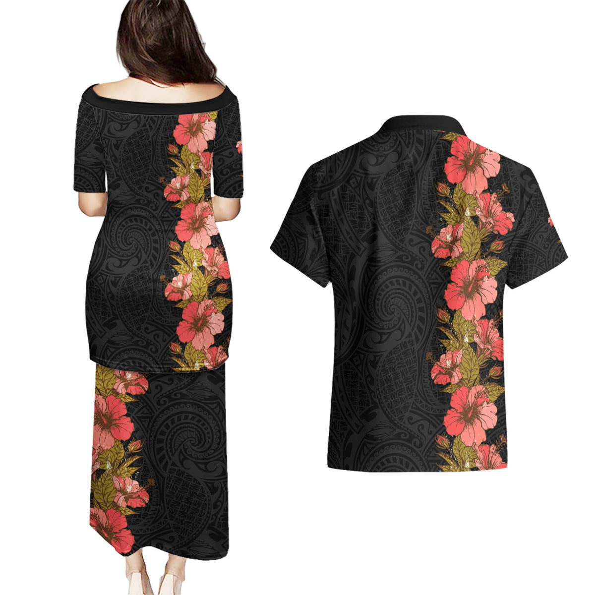 Hawaii Tropical Flowers Tribal Pattern Couples Matching Puletasi and Hawaiian Shirt No4 LT9 - Polynesian Pride