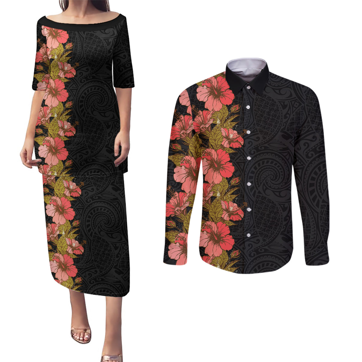 Hawaii Tropical Flowers Tribal Pattern Couples Matching Puletasi and Long Sleeve Button Shirt No4 LT9 Black - Polynesian Pride