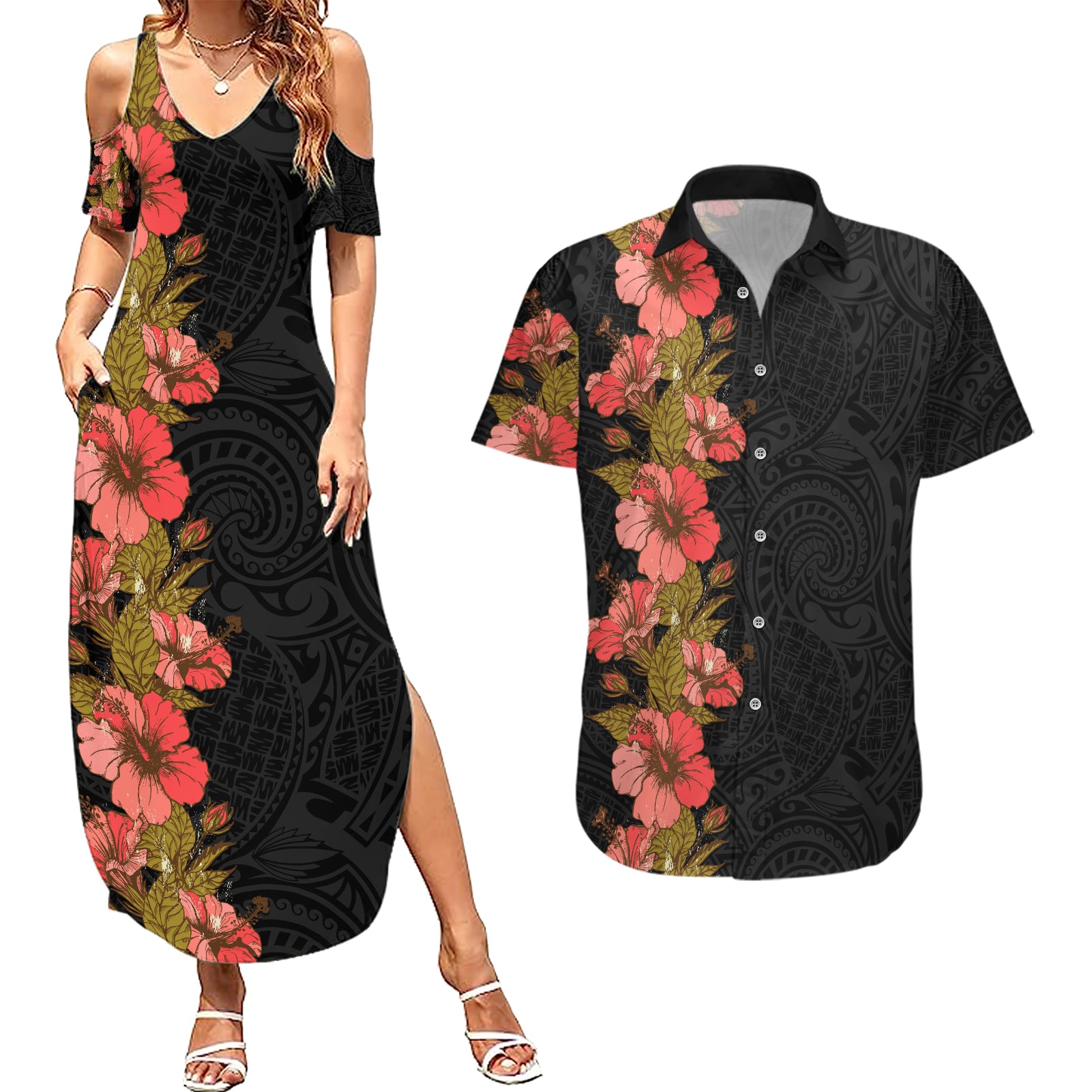 Hawaii Tropical Flowers Tribal Pattern Couples Matching Summer Maxi Dress and Hawaiian Shirt No4 LT9 Black - Polynesian Pride