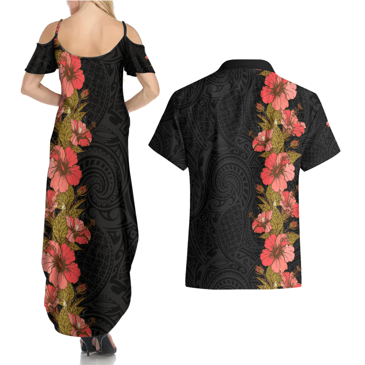 Hawaii Tropical Flowers Tribal Pattern Couples Matching Summer Maxi Dress and Hawaiian Shirt No4 LT9 - Polynesian Pride