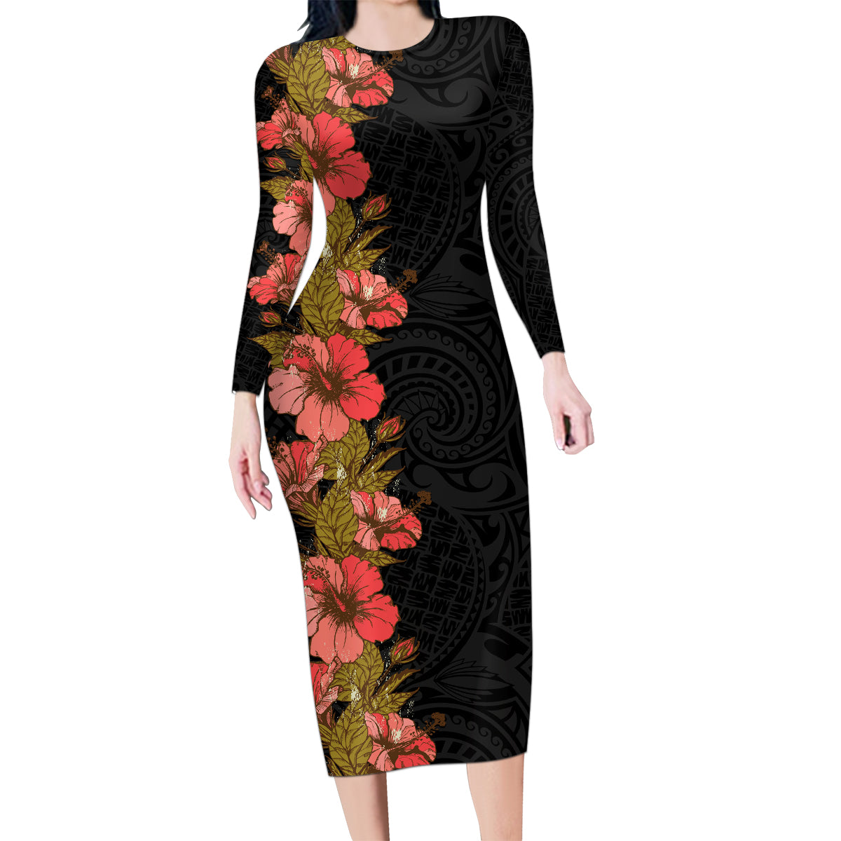 Hawaii Tropical Flowers Tribal Pattern Family Matching Long Sleeve Bodycon Dress and Hawaiian Shirt No4 LT9 Mom's Dress Black - Polynesian Pride