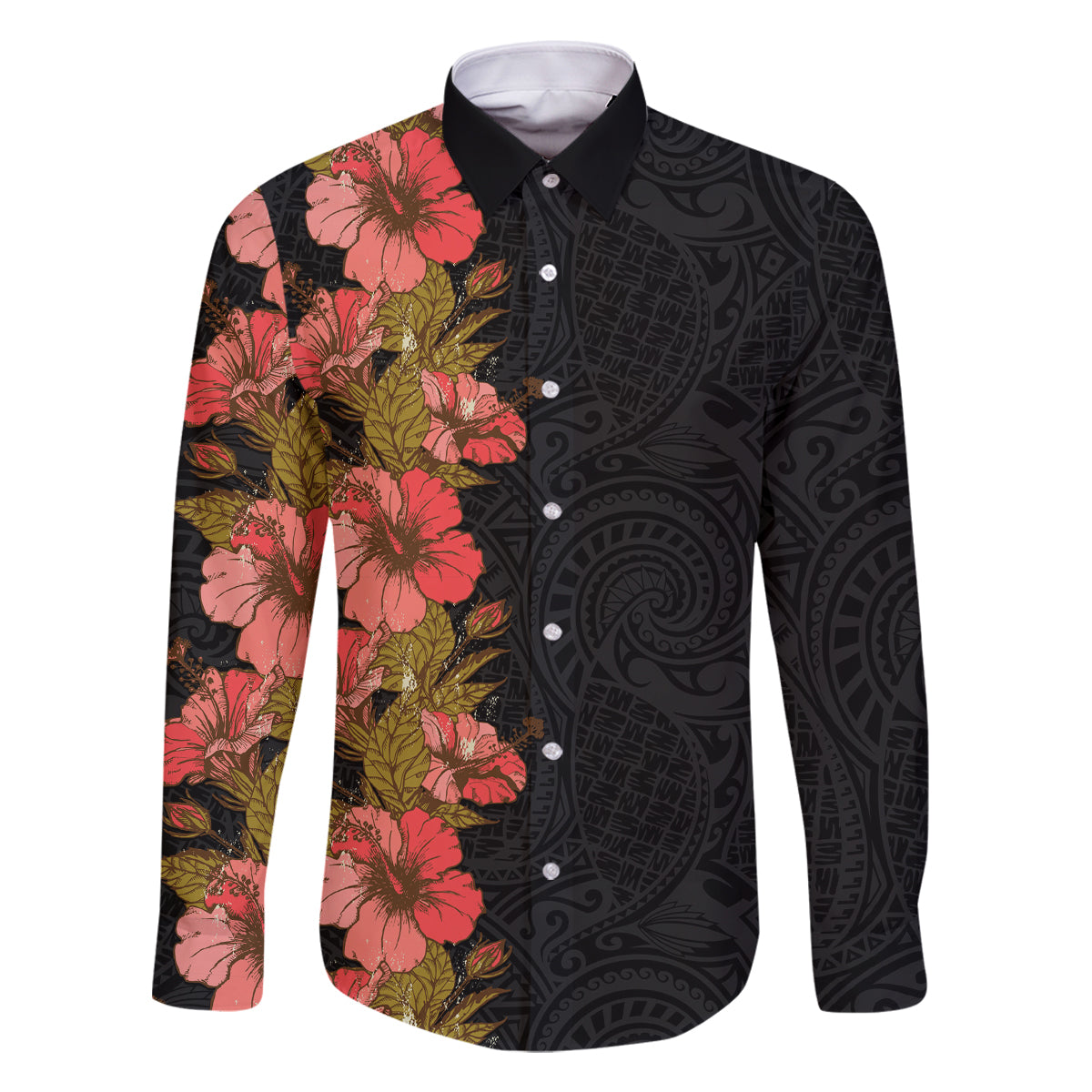 Hawaii Tropical Flowers Tribal Pattern Family Matching Mermaid Dress and Hawaiian Shirt No4 LT9 Dad's Shirt - Long Sleeve Black - Polynesian Pride