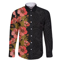 Hawaii Tropical Flowers Tribal Pattern Family Matching Mermaid Dress and Hawaiian Shirt No4 LT9 Dad's Shirt - Long Sleeve Black - Polynesian Pride