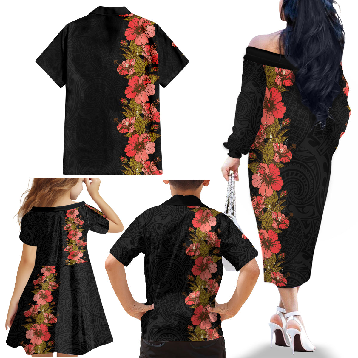 Hawaii Tropical Flowers Tribal Pattern Family Matching Off Shoulder Long Sleeve Dress and Hawaiian Shirt No4 LT9 - Polynesian Pride