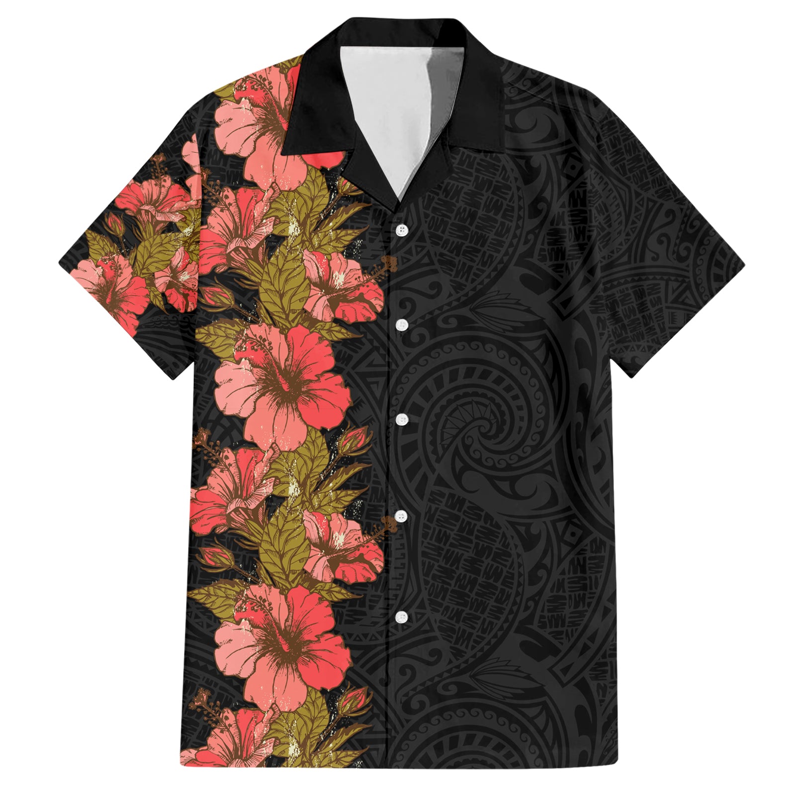 Hawaii Tropical Flowers Tribal Pattern Hawaiian Shirt No4 LT9 Black - Polynesian Pride