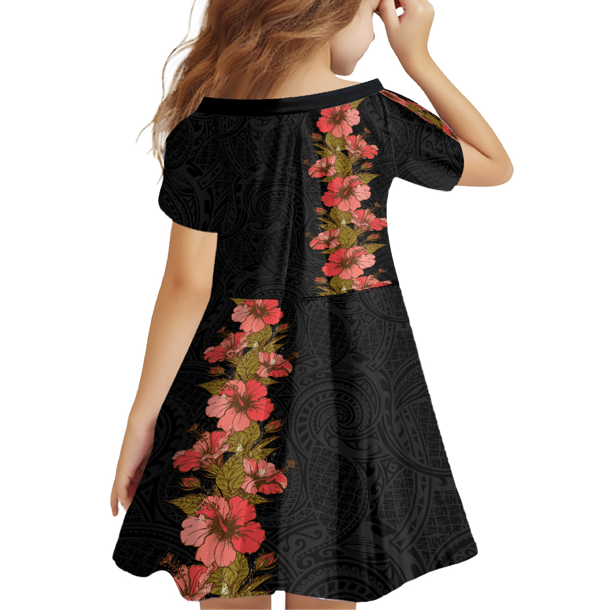 Hawaii Tropical Flowers Tribal Pattern Kid Short Sleeve Dress No4 LT9 - Polynesian Pride