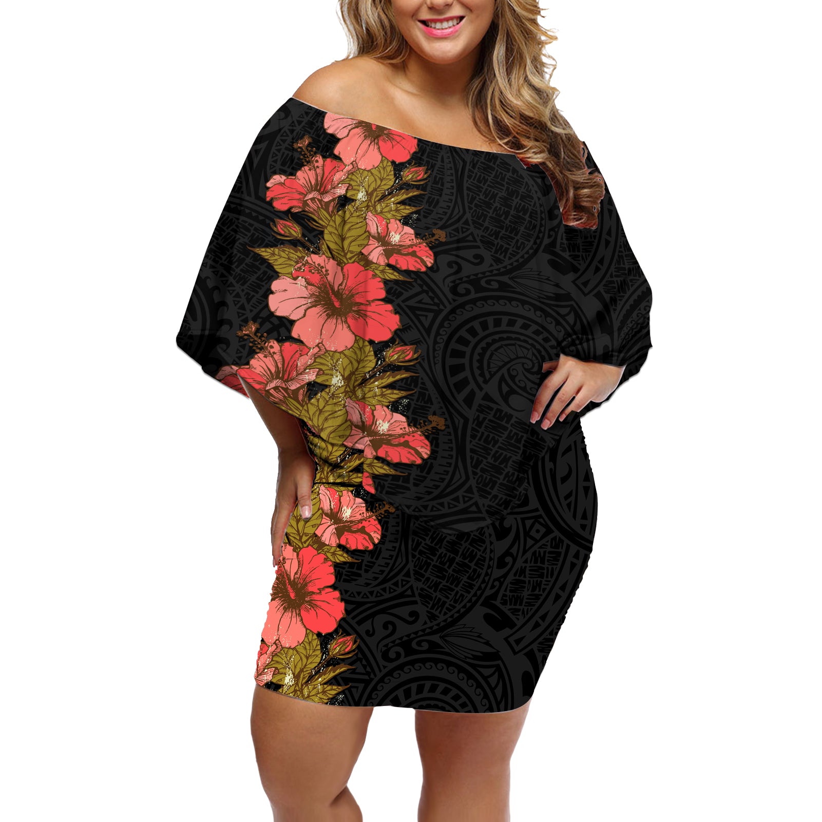 Hawaii Tropical Flowers Tribal Pattern Off Shoulder Short Dress No4 LT9 Women Black - Polynesian Pride