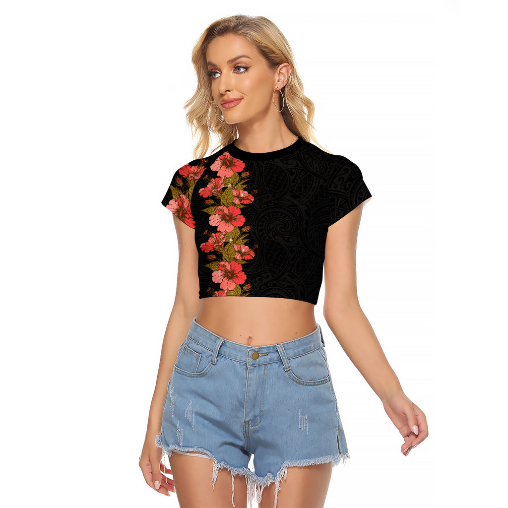 Hawaii Tropical Flowers Tribal Pattern Raglan Cropped T Shirt No4 LT9 Female Black - Polynesian Pride