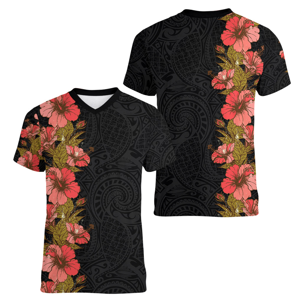 Hawaii Tropical Flowers Tribal Pattern Women V Neck T Shirt No4 LT9 - Polynesian Pride