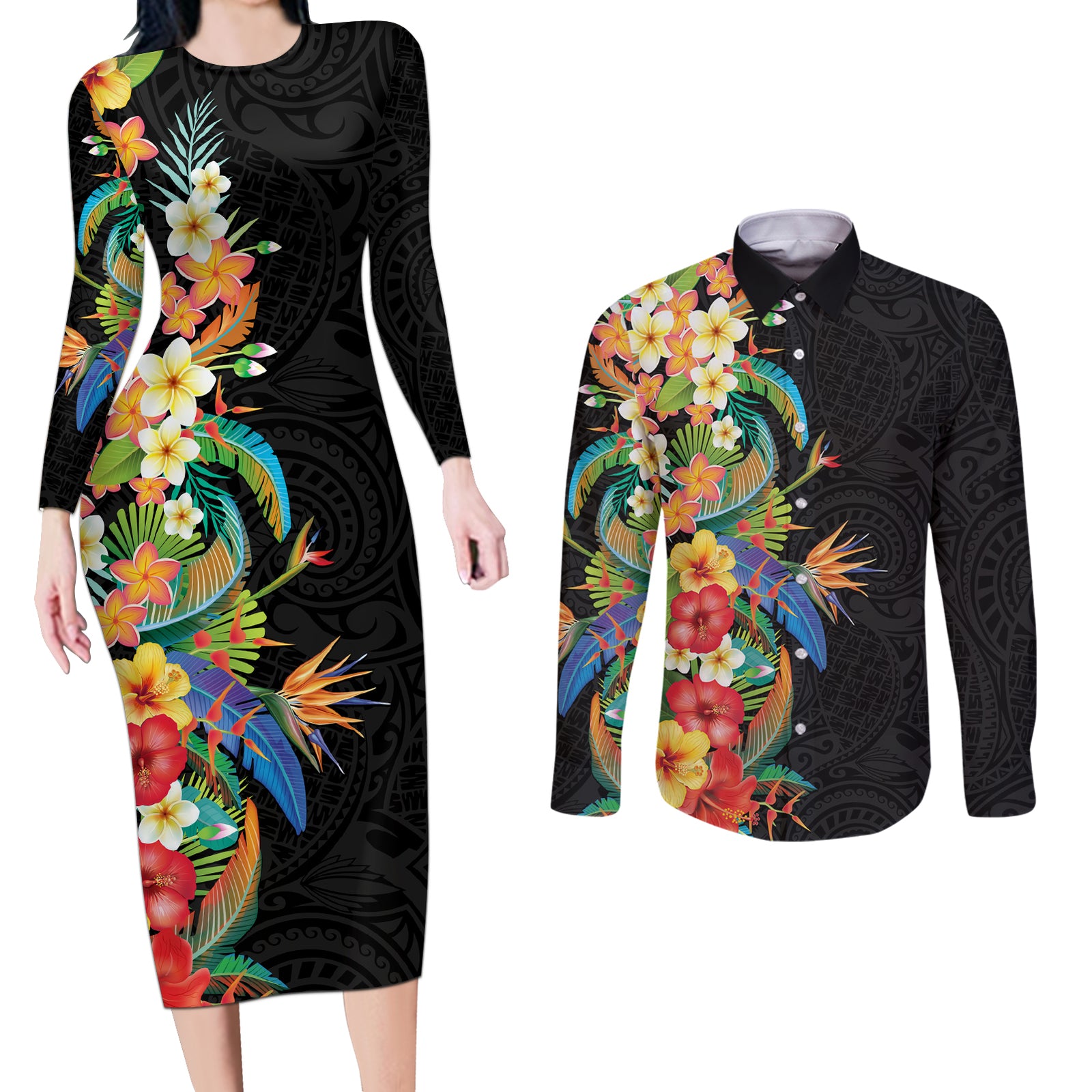 Hawaii Tropical Flowers Tribal Pattern Couples Matching Long Sleeve Bodycon Dress and Long Sleeve Button Shirt No5 LT9 Black - Polynesian Pride