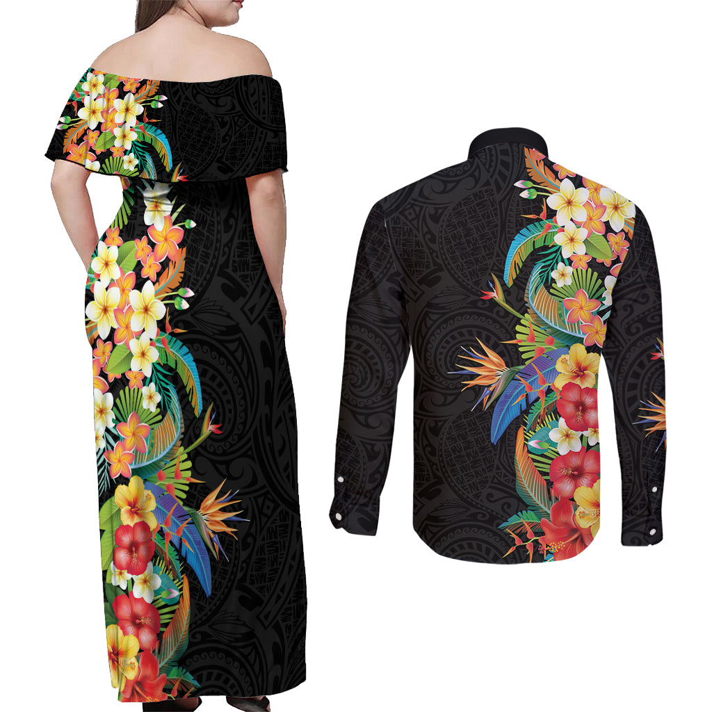 Hawaii Tropical Flowers Tribal Pattern Couples Matching Off Shoulder Maxi Dress and Long Sleeve Button Shirt No5 LT9 - Polynesian Pride