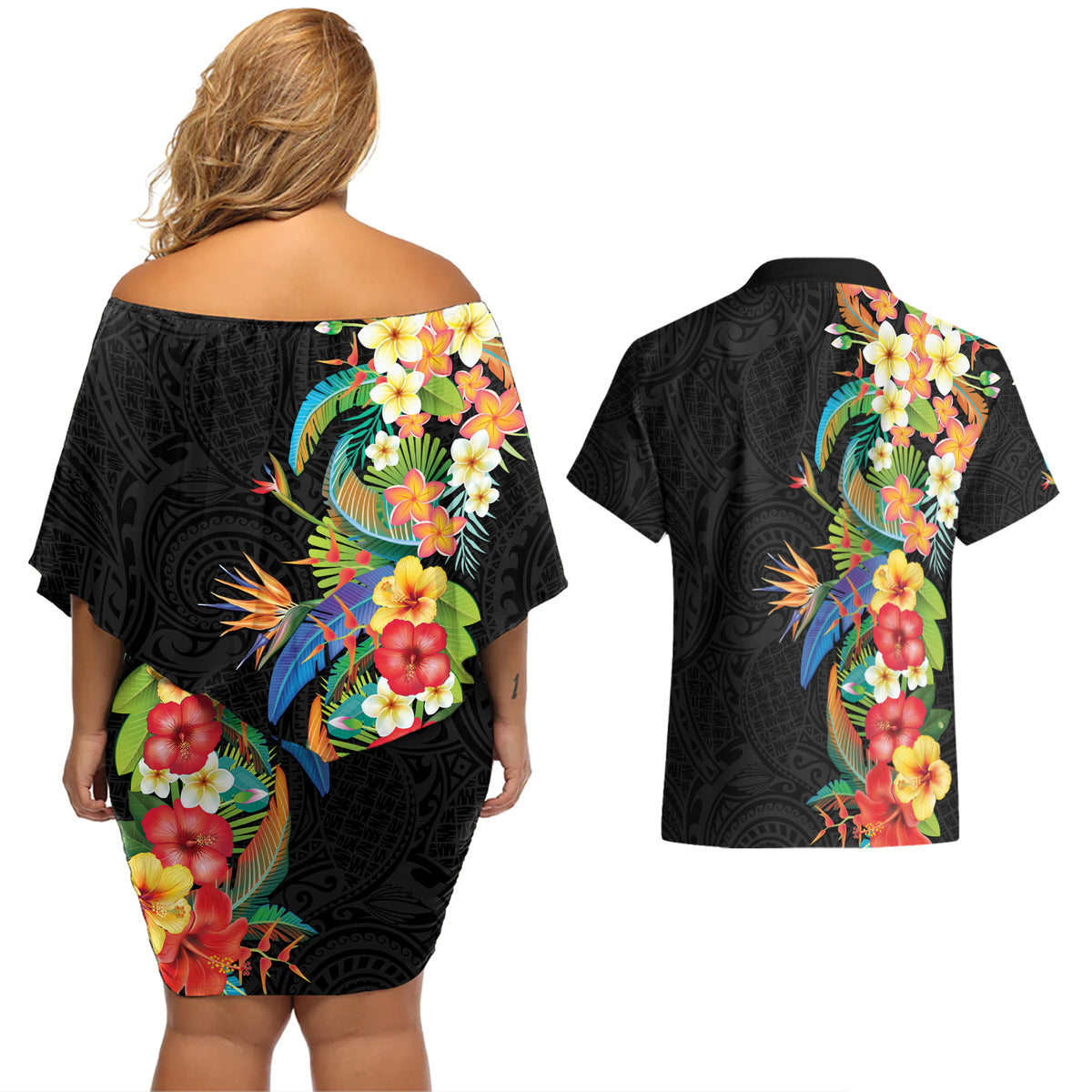 Hawaii Tropical Flowers Tribal Pattern Couples Matching Off Shoulder Short Dress and Hawaiian Shirt No5 LT9 - Polynesian Pride