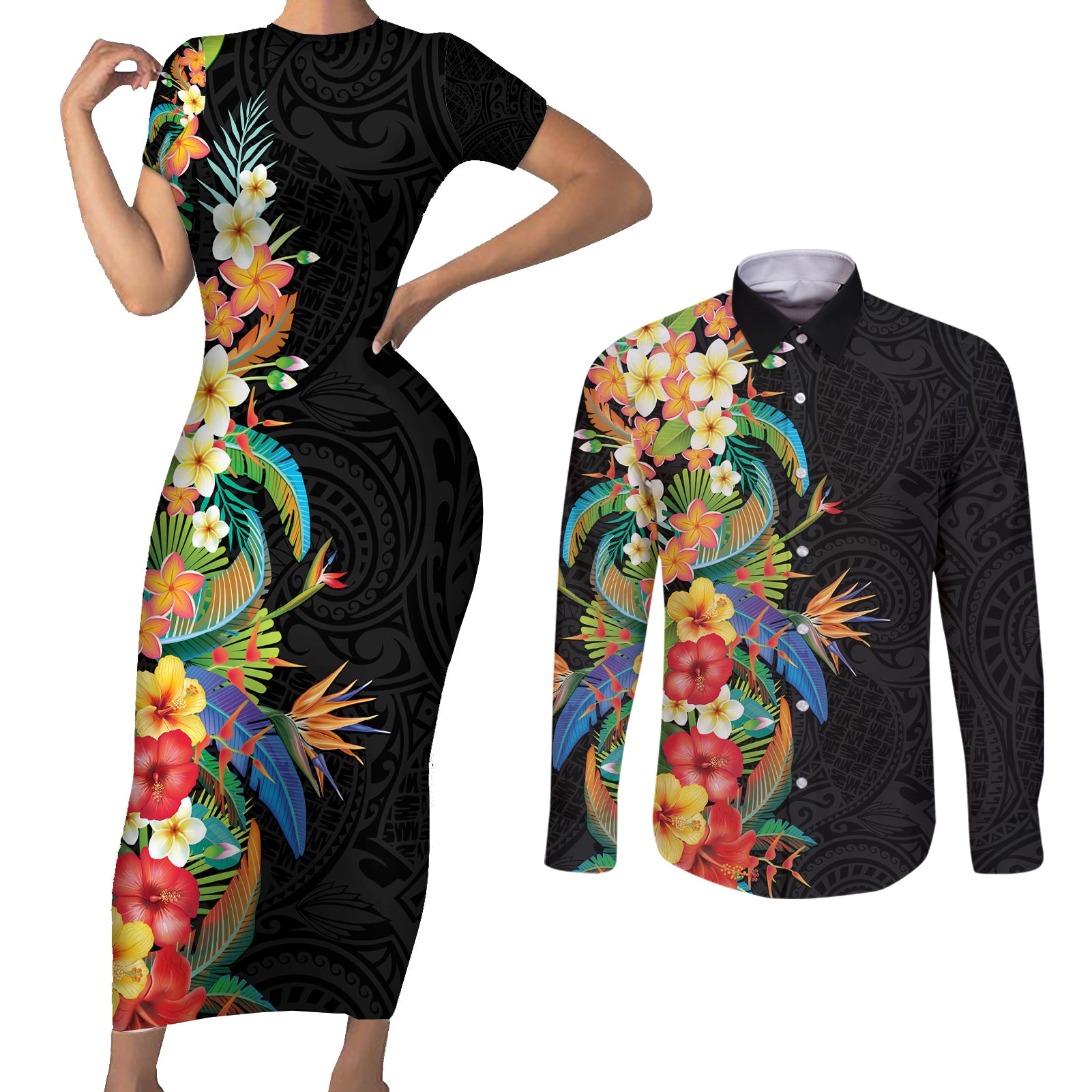 Hawaii Tropical Flowers Tribal Pattern Couples Matching Short Sleeve Bodycon Dress and Long Sleeve Button Shirt No5 LT9 Black - Polynesian Pride