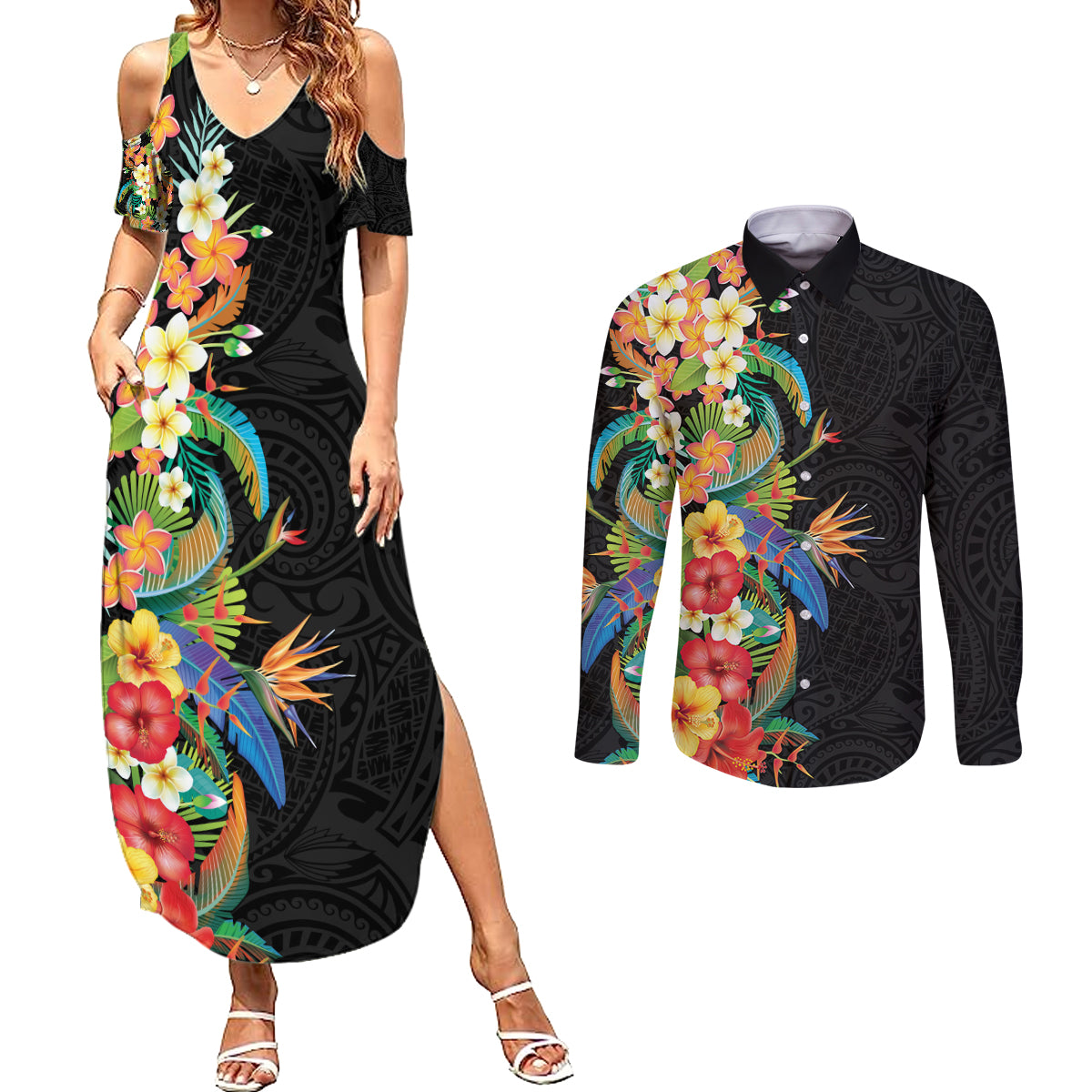 Hawaii Tropical Flowers Tribal Pattern Couples Matching Summer Maxi Dress and Long Sleeve Button Shirt No5 LT9 Black - Polynesian Pride