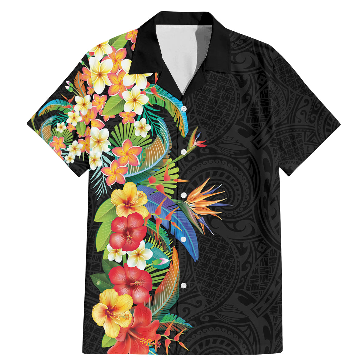 Hawaii Tropical Flowers Tribal Pattern Family Matching Mermaid Dress and Hawaiian Shirt No5 LT9 Dad's Shirt - Short Sleeve Black - Polynesian Pride