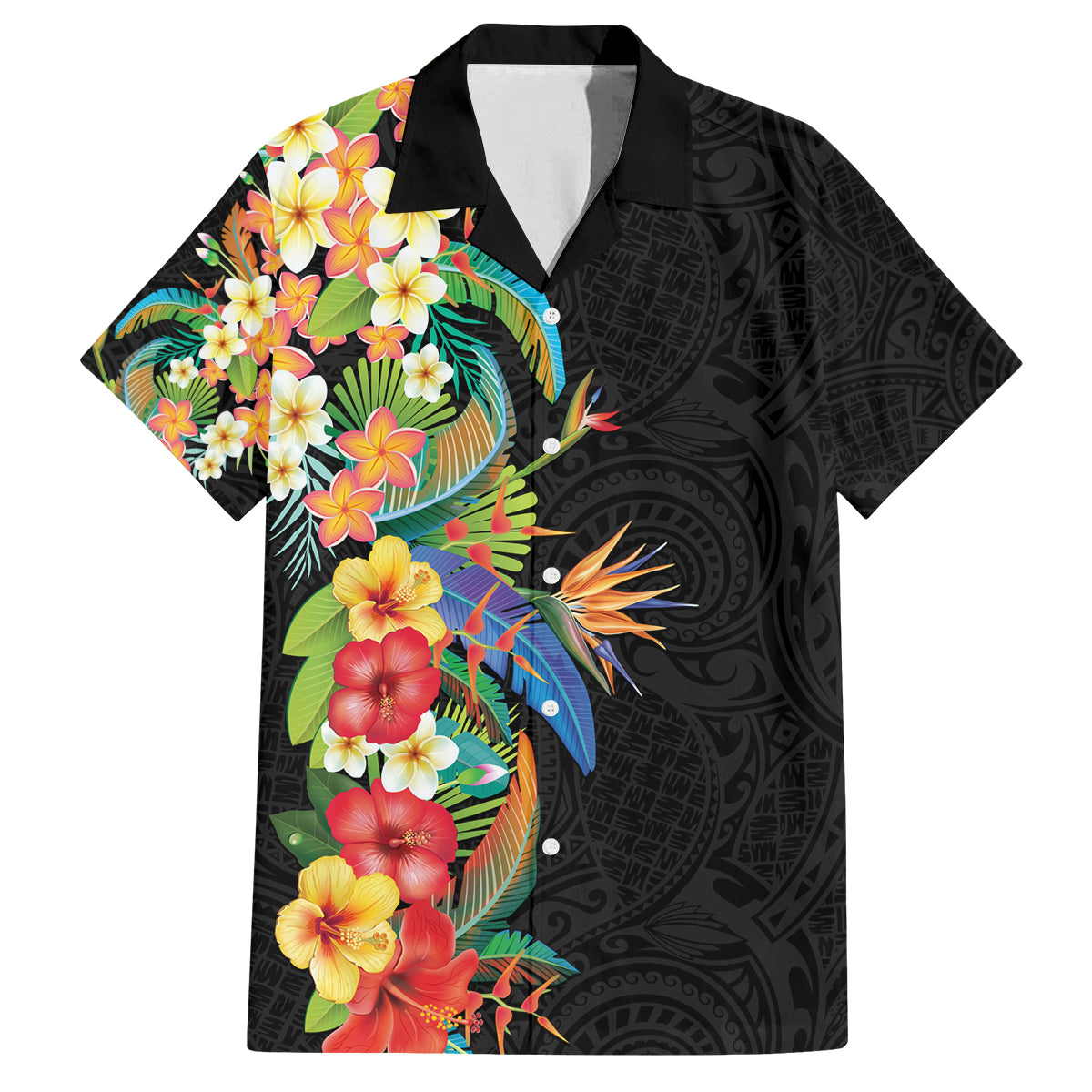 Hawaii Tropical Flowers Tribal Pattern Family Matching Off Shoulder Short Dress and Hawaiian Shirt No5 LT9 Dad's Shirt - Short Sleeve Black - Polynesian Pride