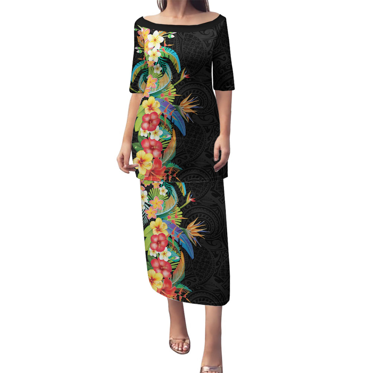 Hawaii Tropical Flowers Tribal Pattern Family Matching Puletasi and Hawaiian Shirt No5 LT9 Mom's Dress Black - Polynesian Pride