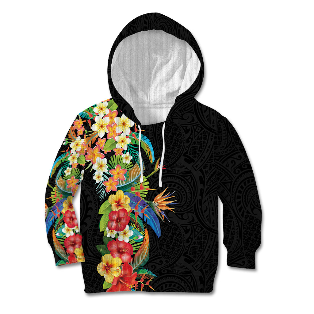 Hawaii Tropical Flowers Tribal Pattern Kid Hoodie No5 LT9 Hoodie Black - Polynesian Pride