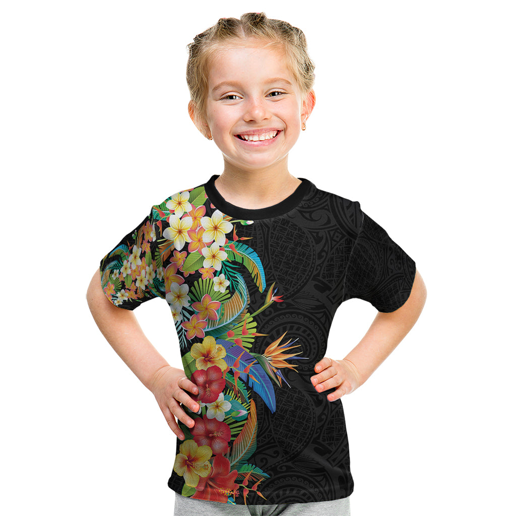 Hawaii Tropical Flowers Tribal Pattern Kid T Shirt No5 LT9 Black - Polynesian Pride