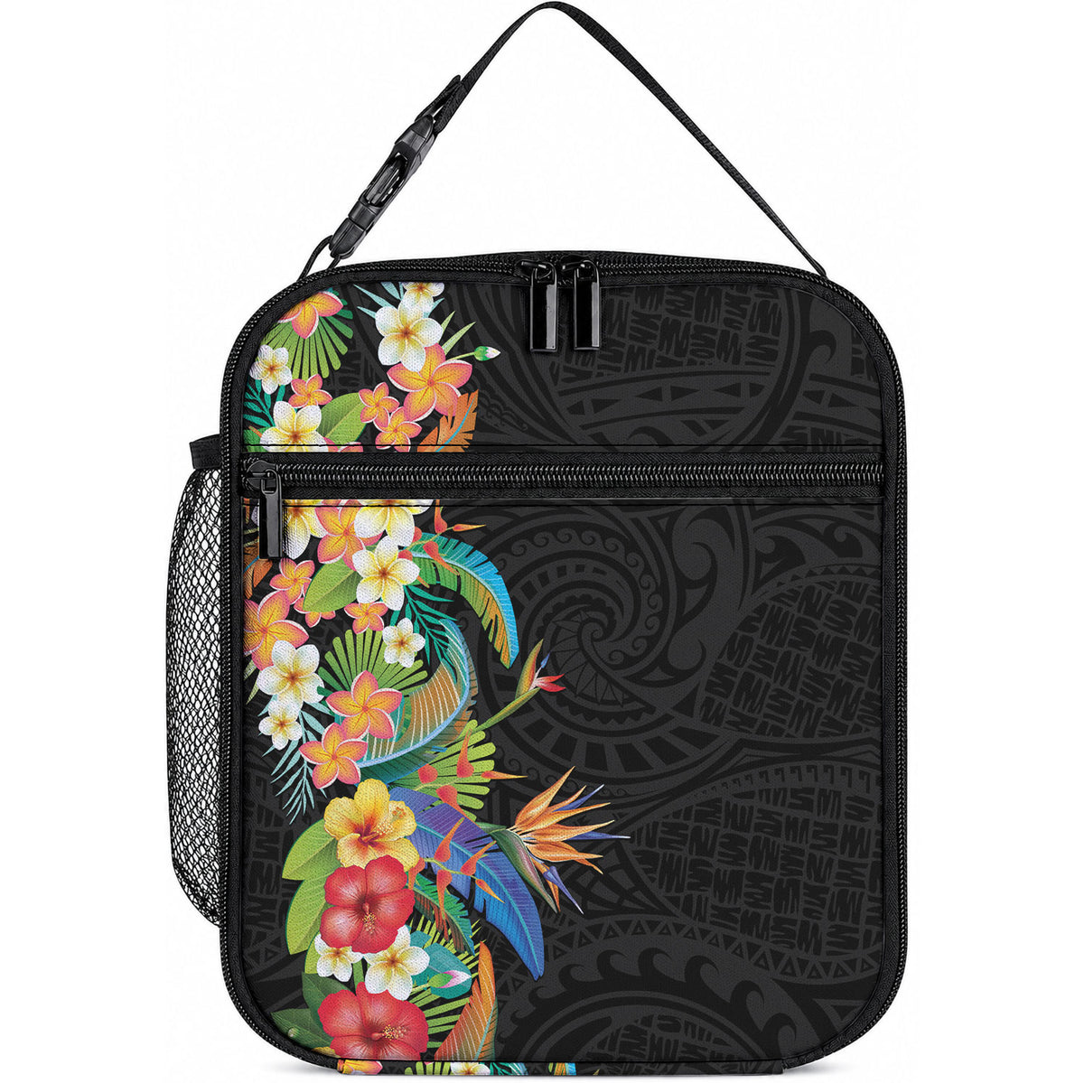 Hawaii Tropical Flowers Tribal Pattern Lunch Bag No5 LT9 10.2 × 8.3 × 4.3 inch Black - Polynesian Pride