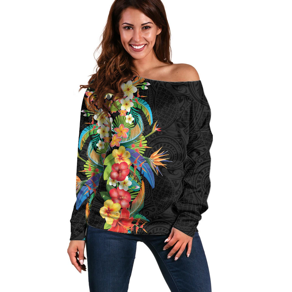 Hawaii Tropical Flowers Tribal Pattern Off Shoulder Sweater No5 LT9 Women Black - Polynesian Pride