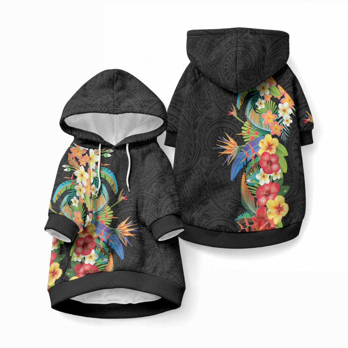 Hawaii Tropical Flowers Tribal Pattern Pet Hoodie No5 LT9 Pullover Black - Polynesian Pride