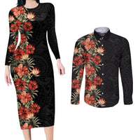 Hawaii Tropical Flowers Tribal Pattern Couples Matching Long Sleeve Bodycon Dress and Long Sleeve Button Shirt No6 LT9 Black - Polynesian Pride