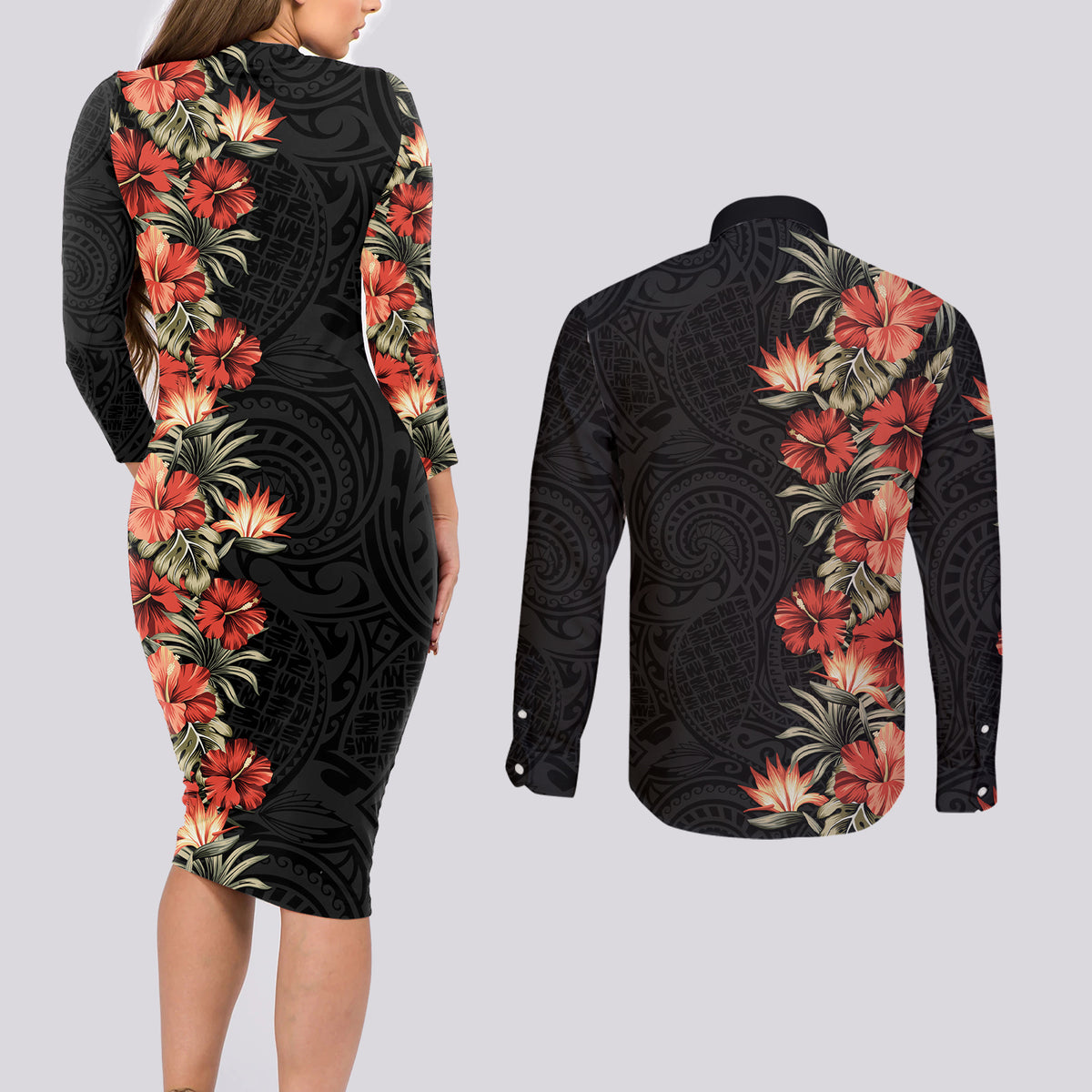 Hawaii Tropical Flowers Tribal Pattern Couples Matching Long Sleeve Bodycon Dress and Long Sleeve Button Shirt No6 LT9 - Polynesian Pride