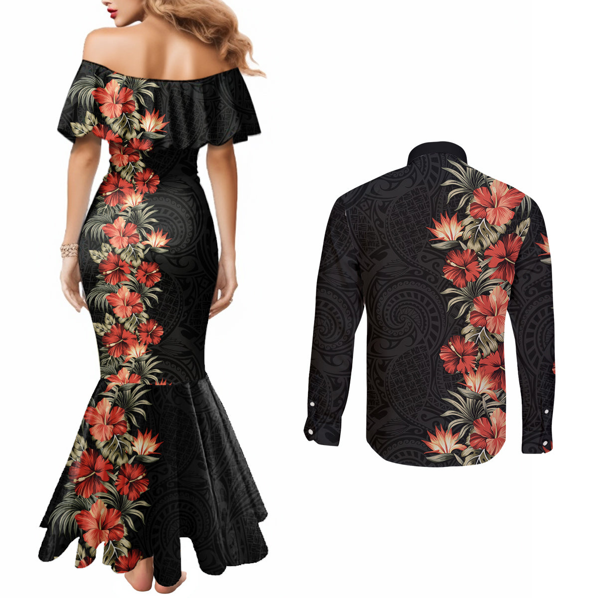 Hawaii Tropical Flowers Tribal Pattern Couples Matching Mermaid Dress and Long Sleeve Button Shirt No6 LT9 - Polynesian Pride