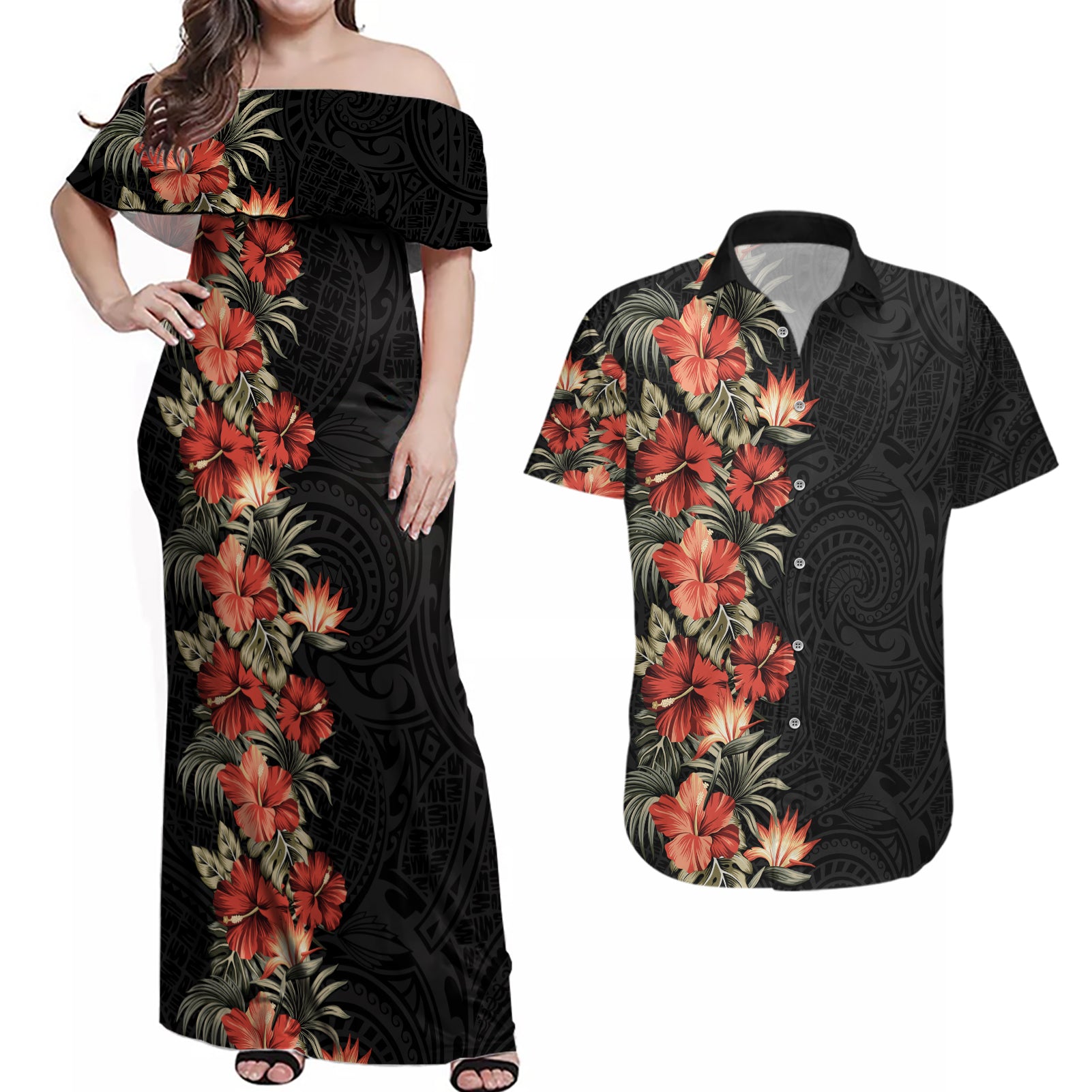 Hawaii Tropical Flowers Tribal Pattern Couples Matching Off Shoulder Maxi Dress and Hawaiian Shirt No6 LT9 Black - Polynesian Pride