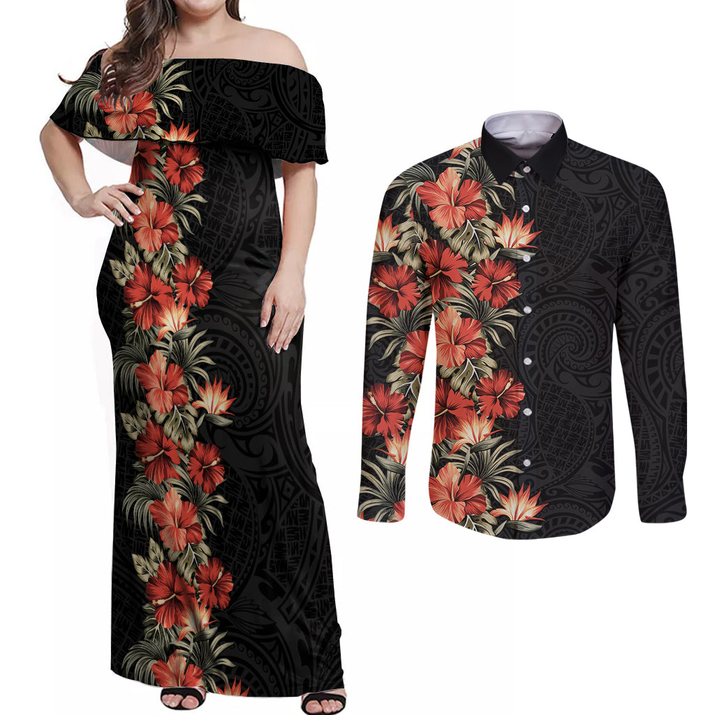 Hawaii Tropical Flowers Tribal Pattern Couples Matching Off Shoulder Maxi Dress and Long Sleeve Button Shirt No6 LT9 Black - Polynesian Pride