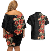 Hawaii Tropical Flowers Tribal Pattern Couples Matching Off Shoulder Short Dress and Hawaiian Shirt No6 LT9 - Polynesian Pride