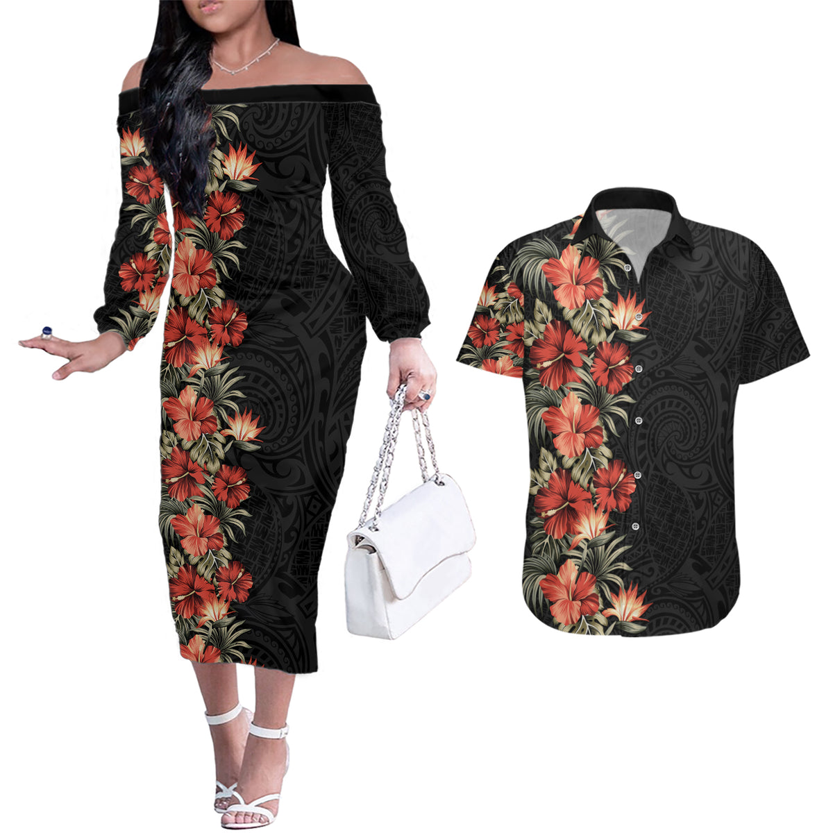 Hawaii Tropical Flowers Tribal Pattern Couples Matching Off The Shoulder Long Sleeve Dress and Hawaiian Shirt No6 LT9 Black - Polynesian Pride