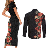 Hawaii Tropical Flowers Tribal Pattern Couples Matching Short Sleeve Bodycon Dress and Long Sleeve Button Shirt No6 LT9 - Polynesian Pride
