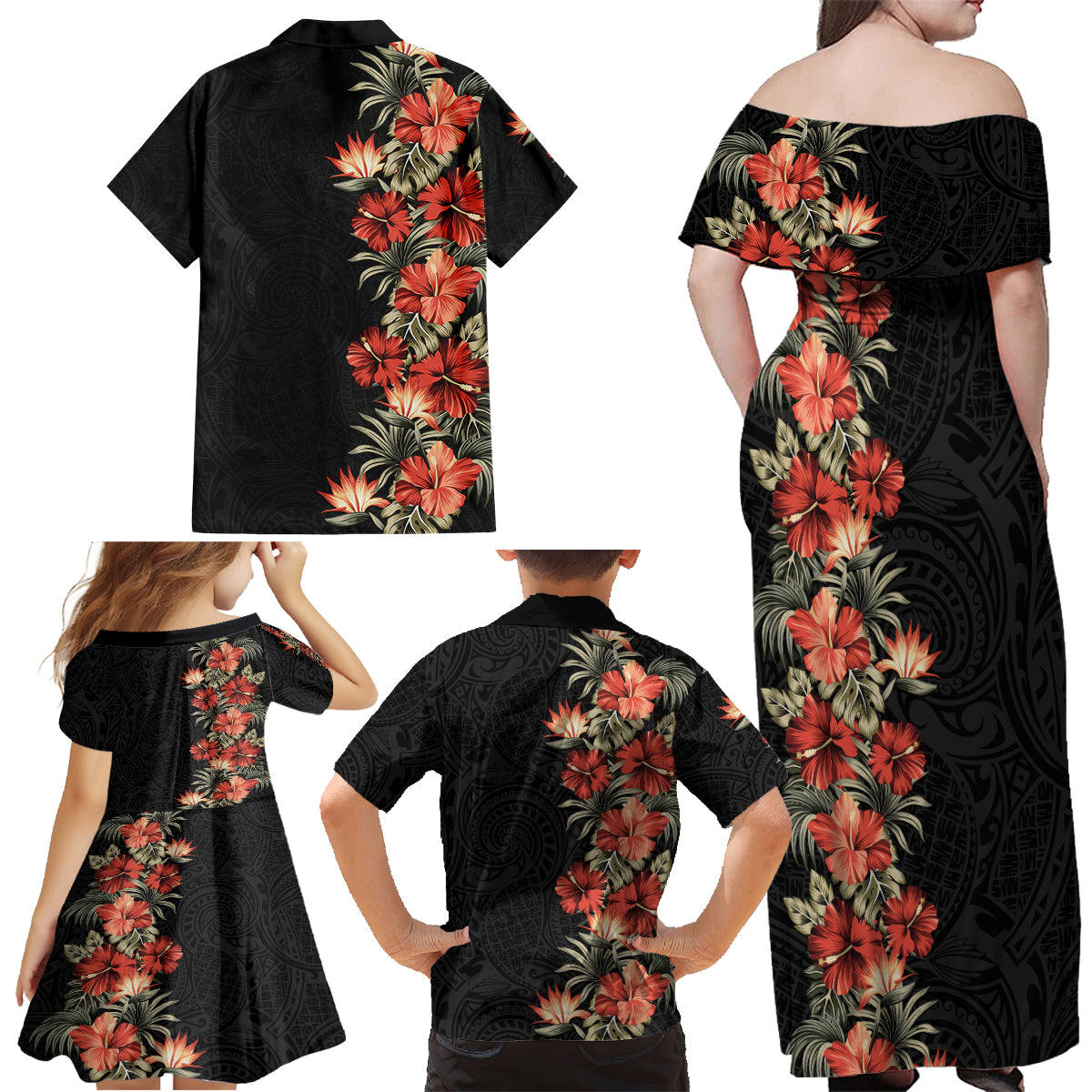 Hawaii Tropical Flowers Tribal Pattern Family Matching Off Shoulder Maxi Dress and Hawaiian Shirt No6 LT9 - Polynesian Pride