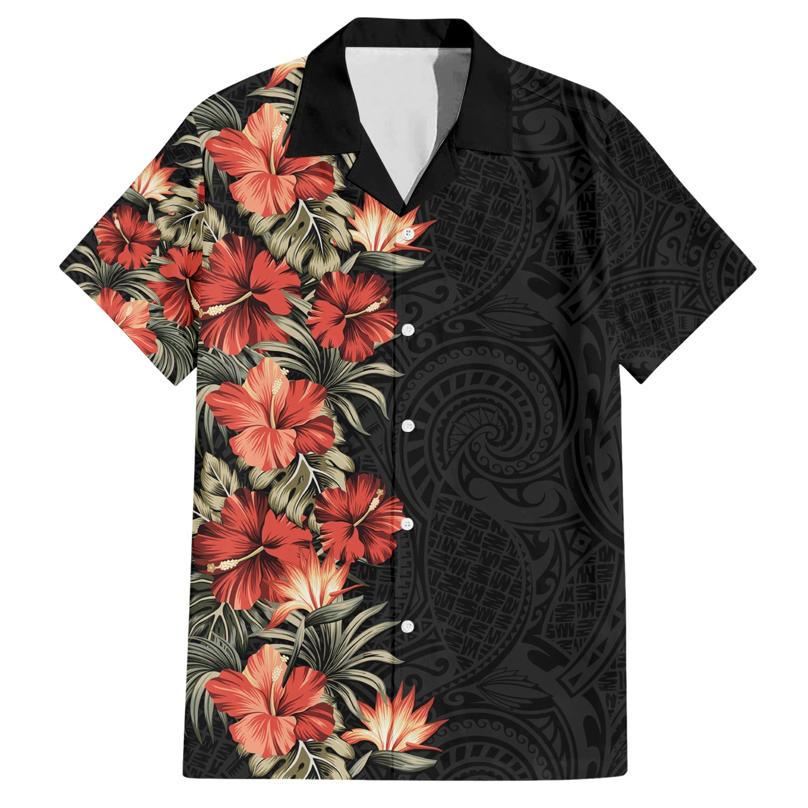 Hawaii Tropical Flowers Tribal Pattern Hawaiian Shirt No6 LT9 Black - Polynesian Pride